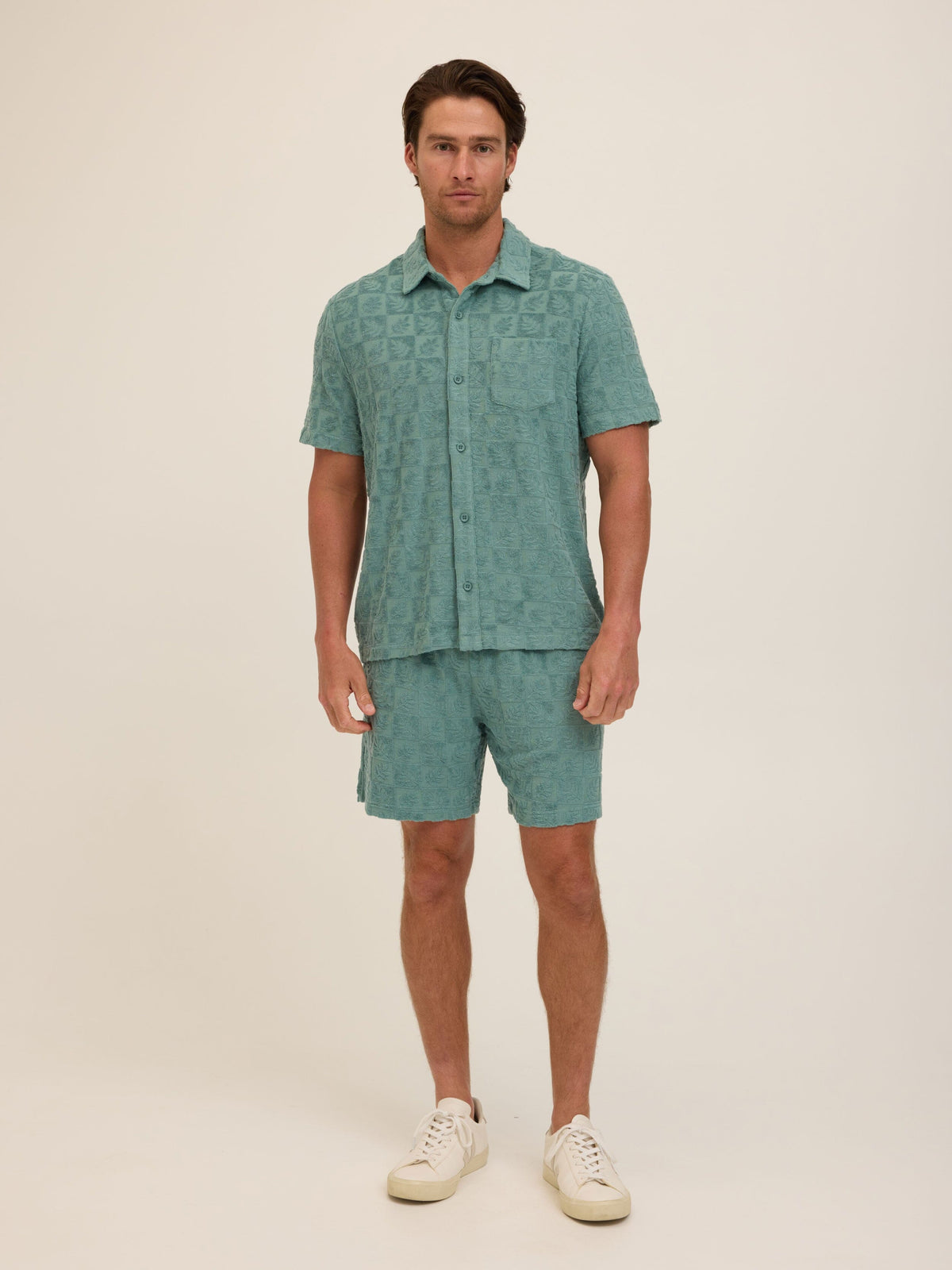Paxton Tile Leaf Jacquard Terry Button-Down Pocket Shirt