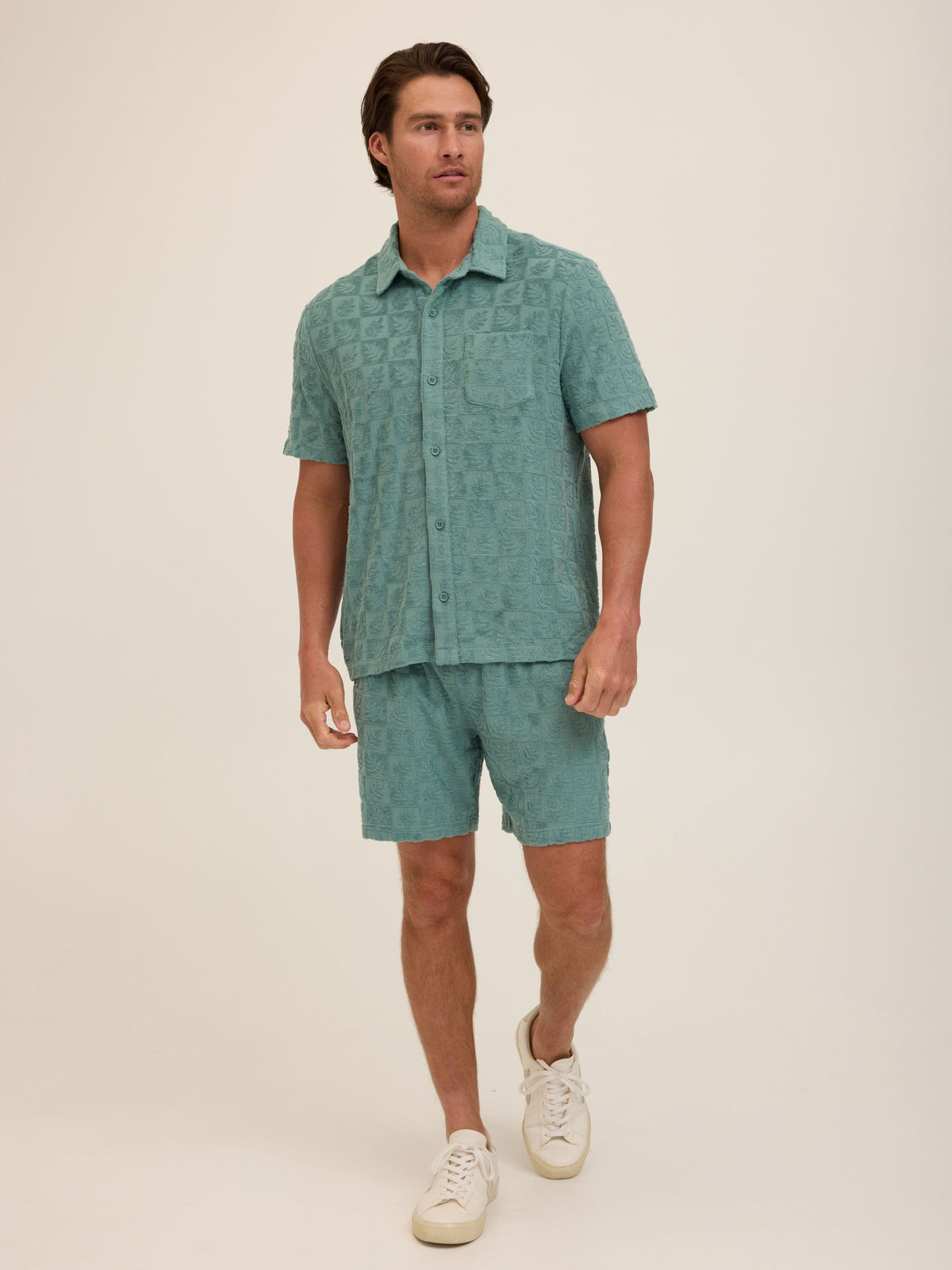 Paxton Tile Leaf Jacquard Terry Button-Down Pocket Shirt
