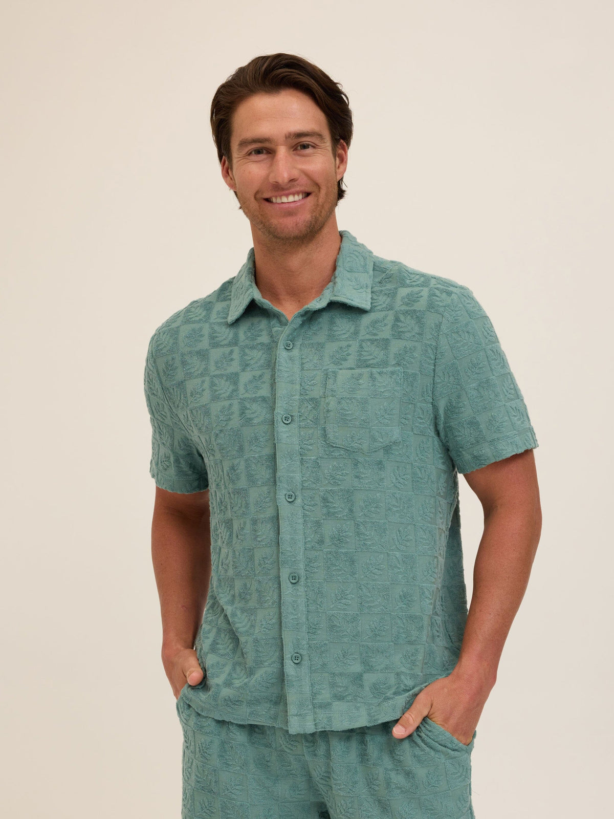 Paxton Tile Leaf Jacquard Terry Button-Down Pocket Shirt