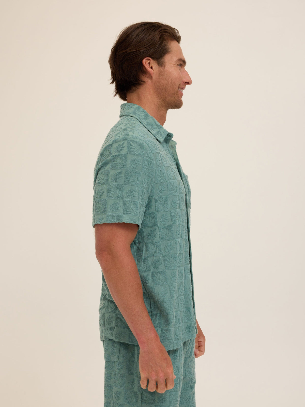 Paxton Tile Leaf Jacquard Terry Button-Down Pocket Shirt