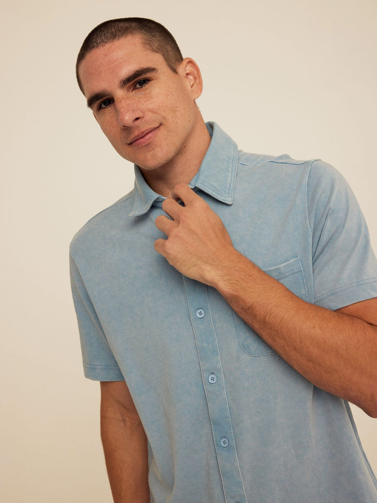 Dorian Mineral Wash Jersey Short Sleeve Button-Down