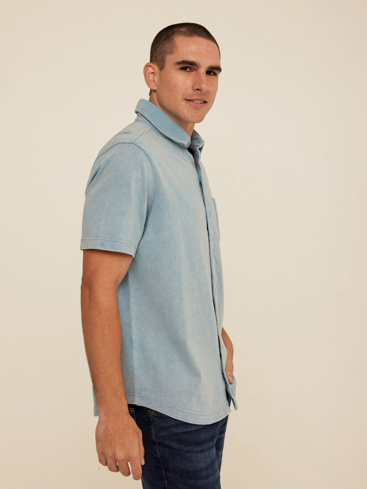Dorian Mineral Wash Jersey Short Sleeve Button-Down
