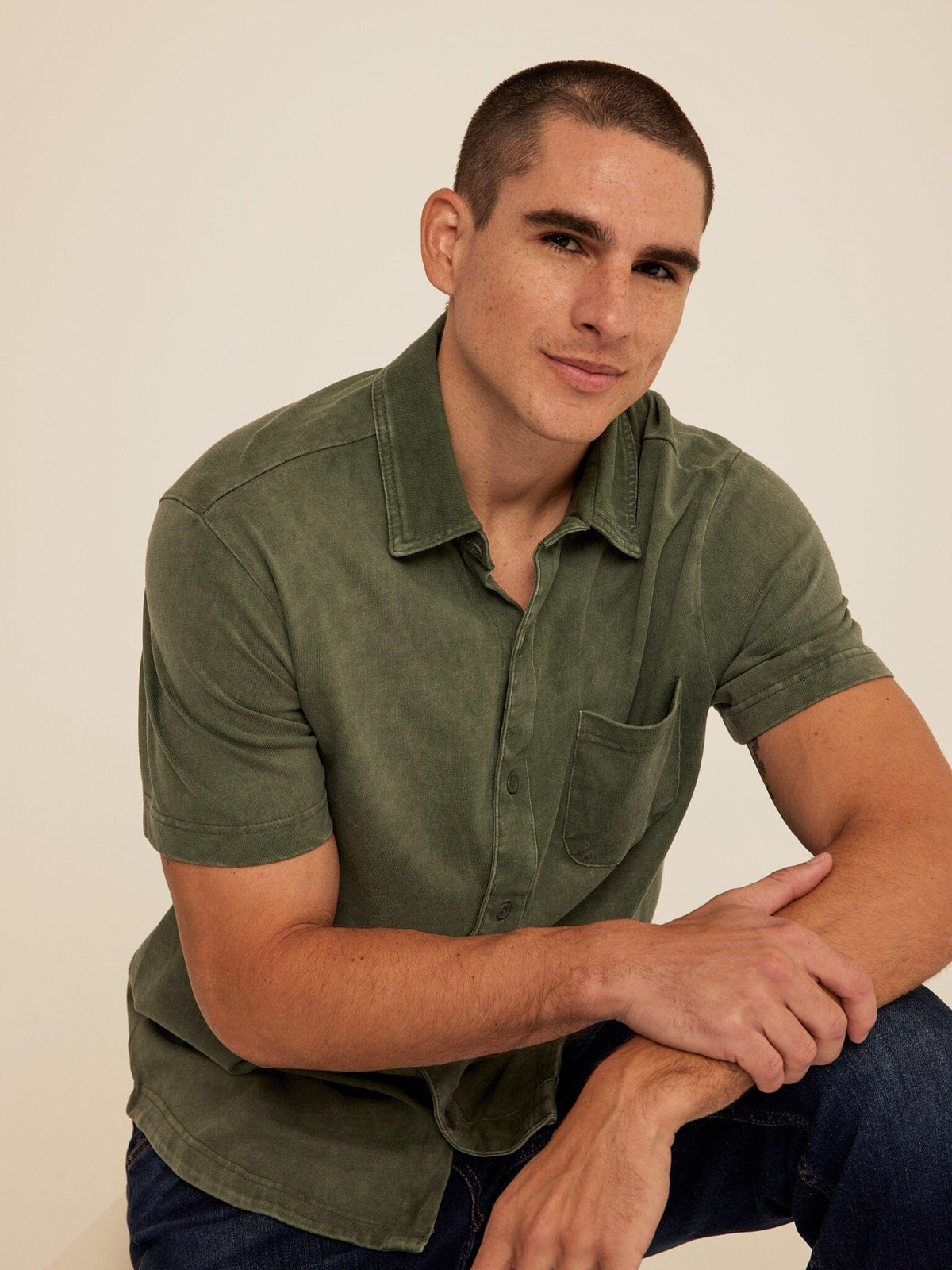 Dorian Mineral Wash Jersey Short Sleeve Button-Down