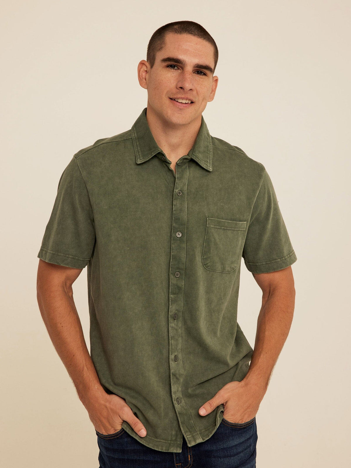 Dorian Mineral Wash Jersey Short Sleeve Button-Down
