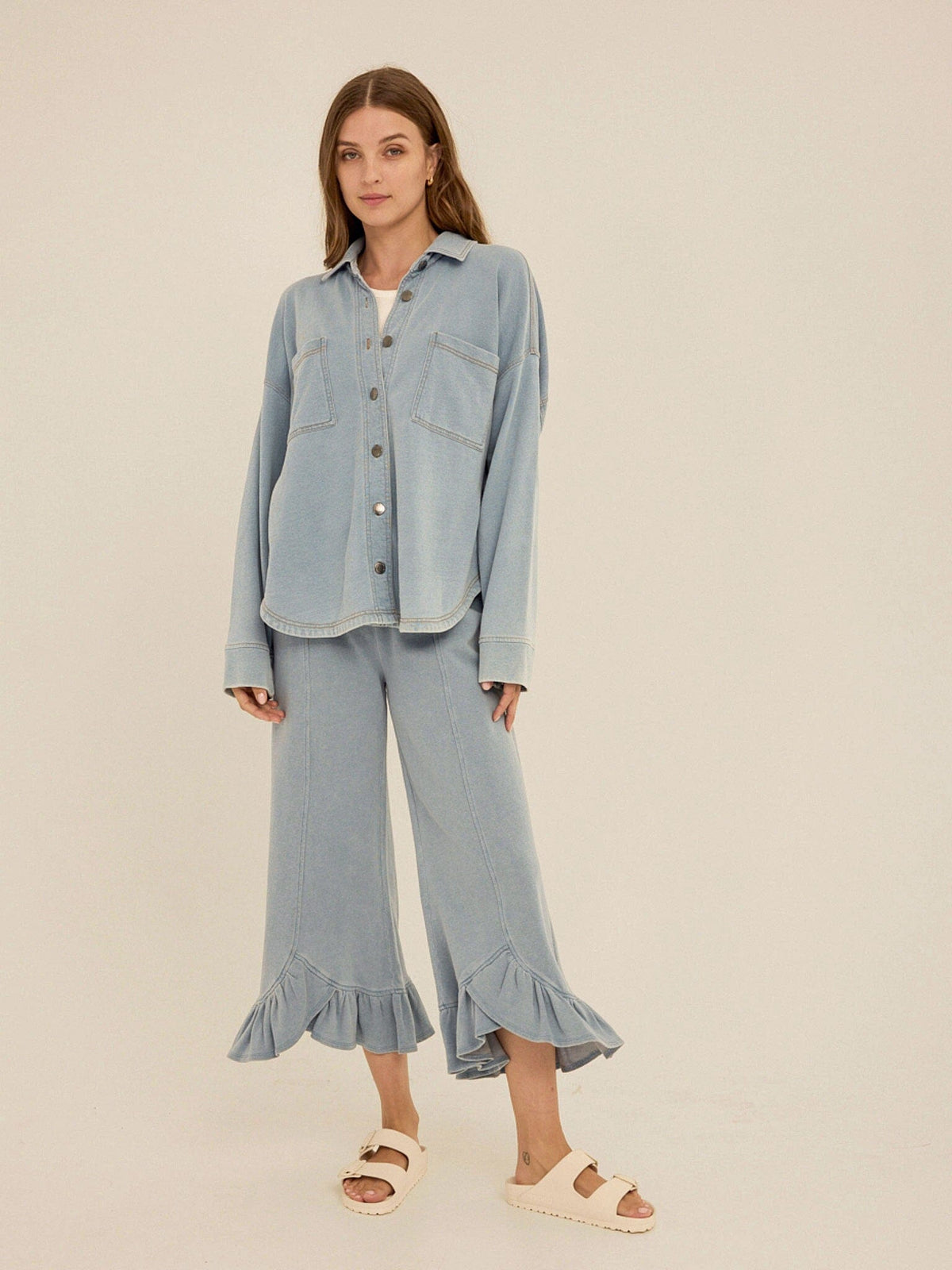 Akela Denim Terry Ruffle Capri Pant