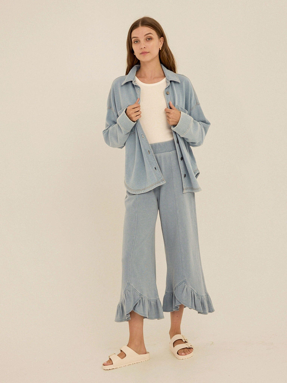Akela Denim Terry Ruffle Capri Pant