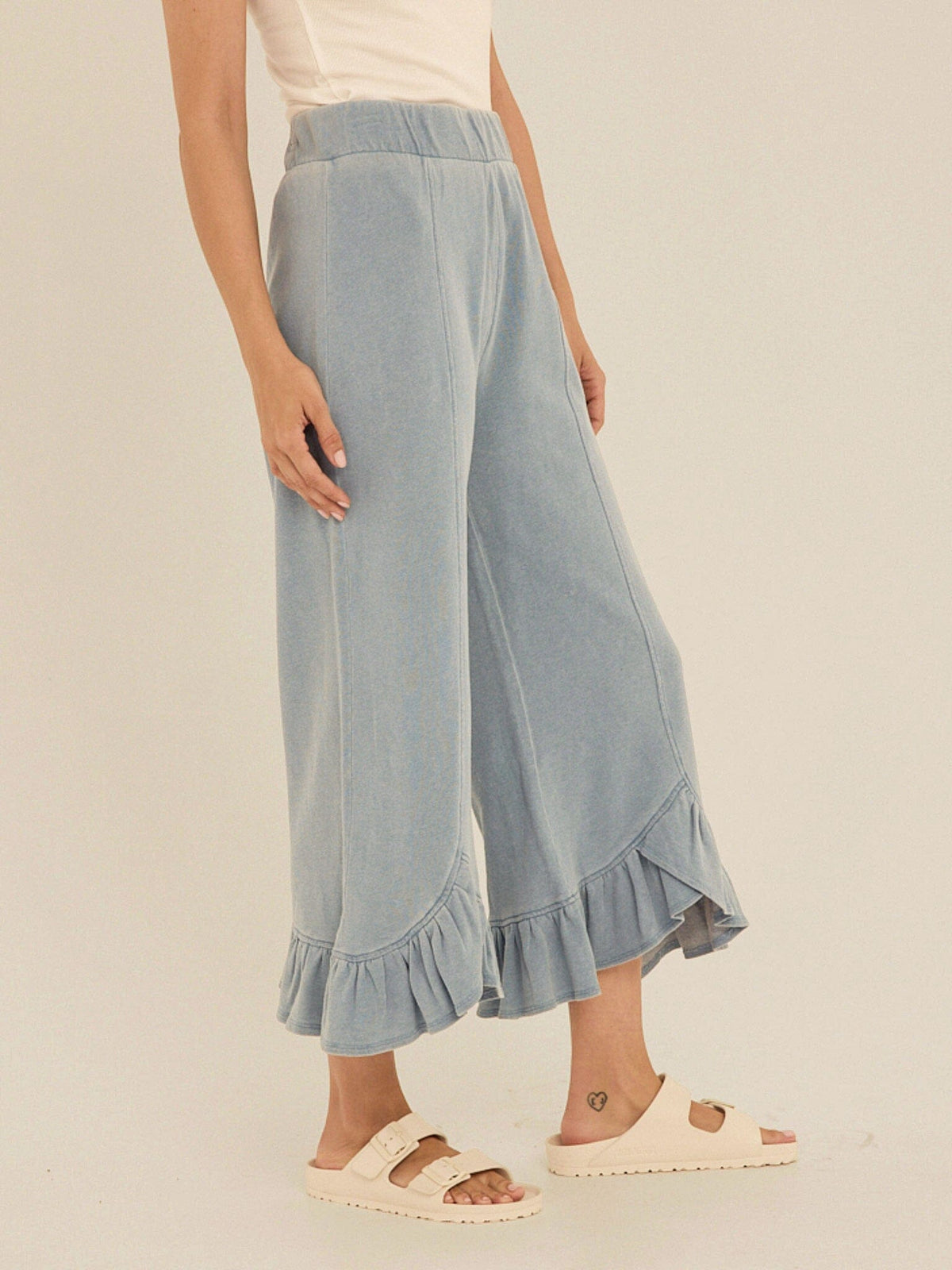Akela Denim Terry Ruffle Capri Pant