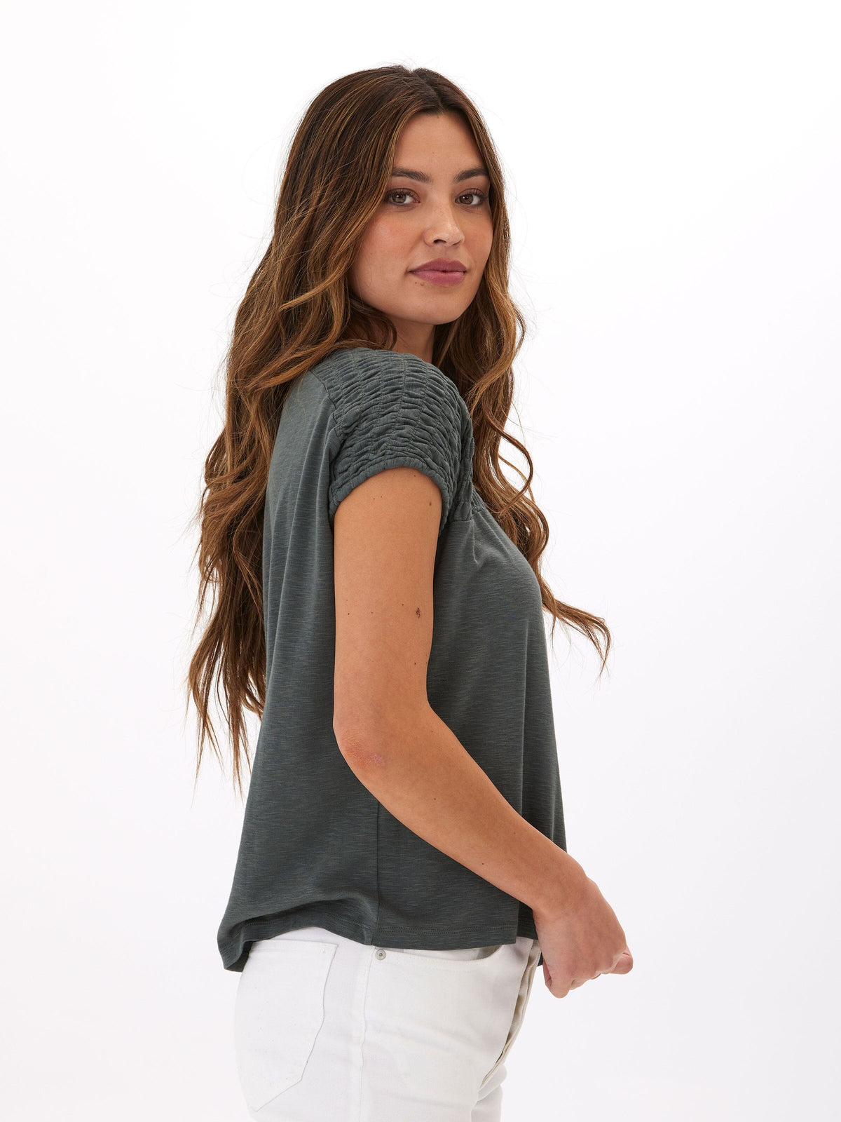 Karolina Textured Slub Jersey Smocked Top