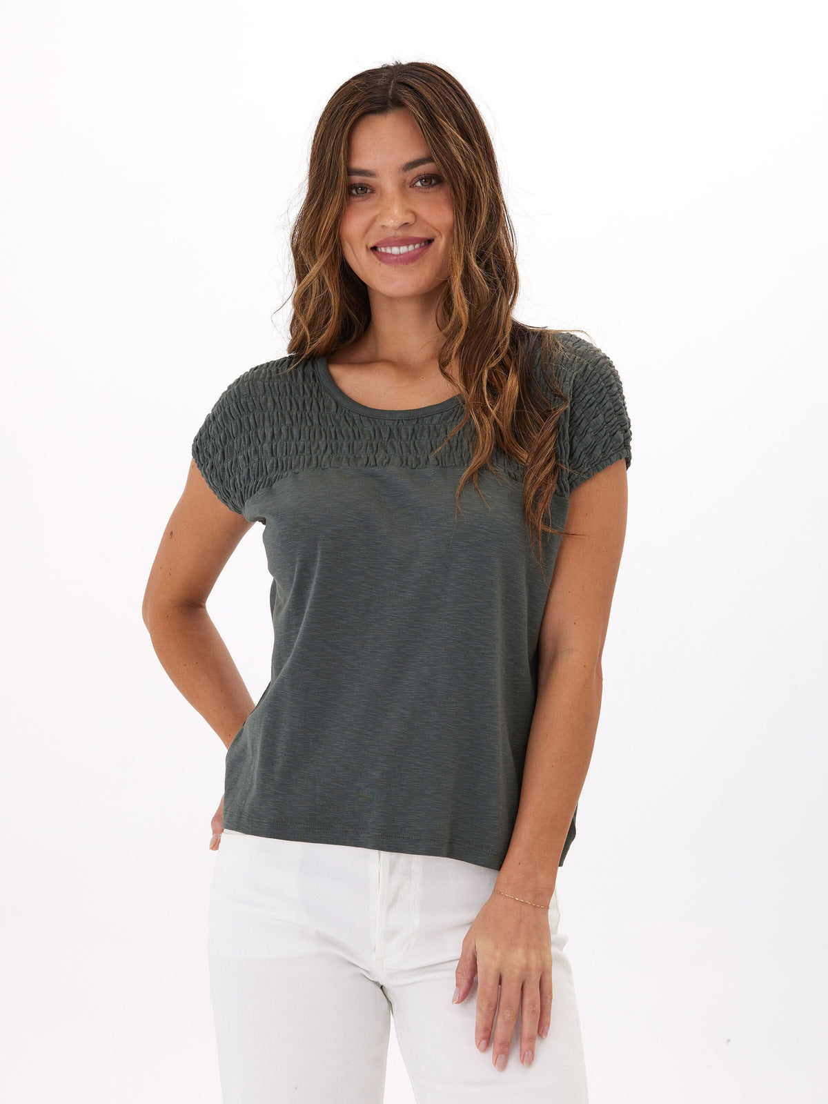 Karolina Textured Slub Jersey Smocked Top