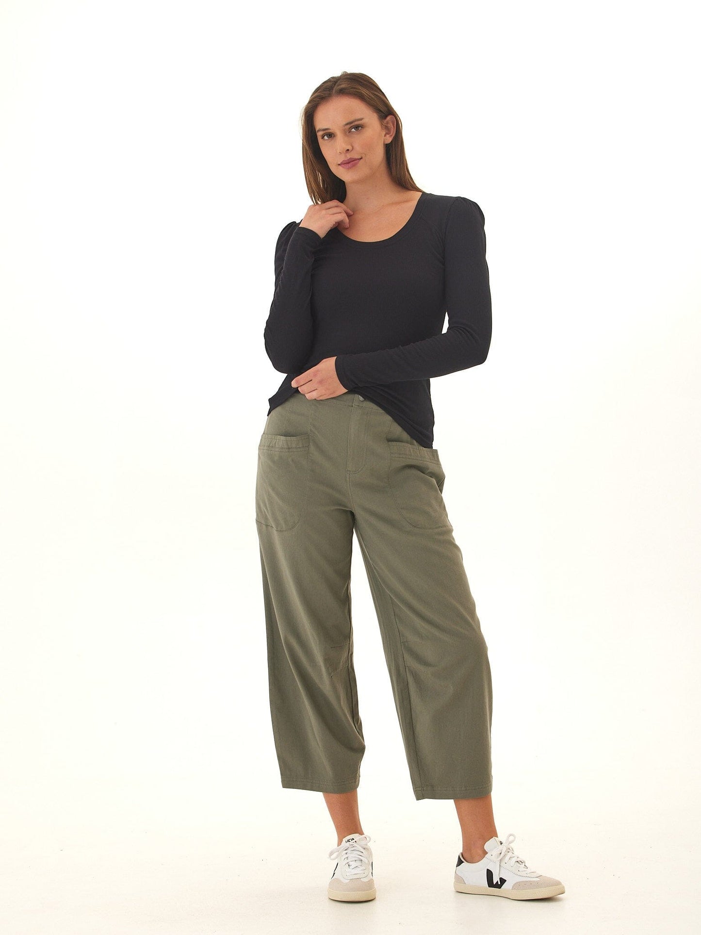Nimia Feather Rib Puff Shoulder Top