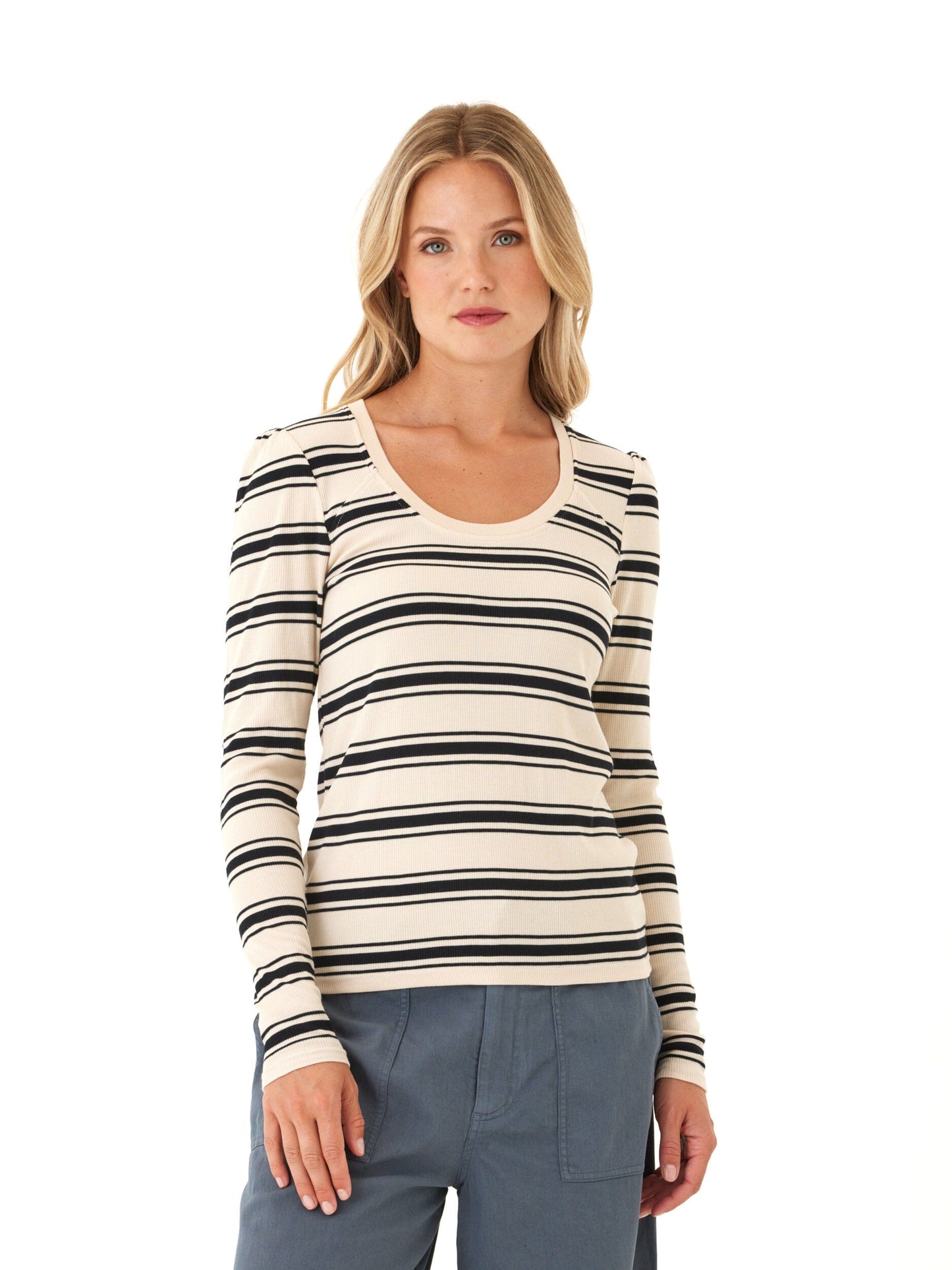 Nimia Feather Rib Puff Shoulder Top