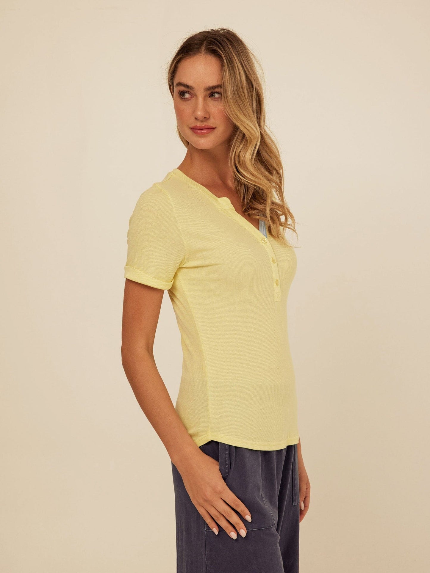 Akia Feather Rib Trim Detail Henley Tee