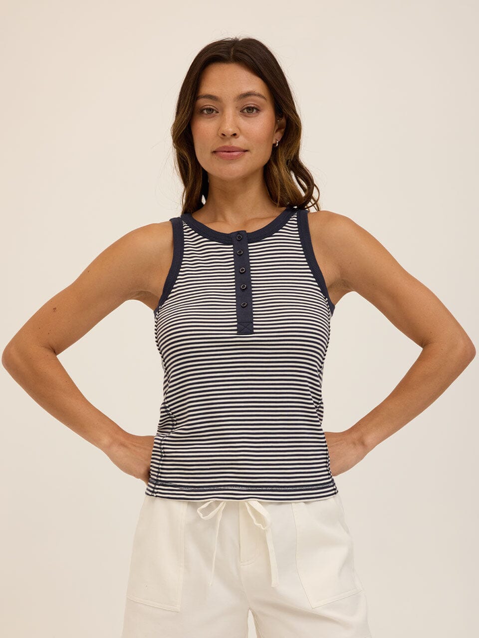 Alida Micro Stripe Feather Rib Henley Tank