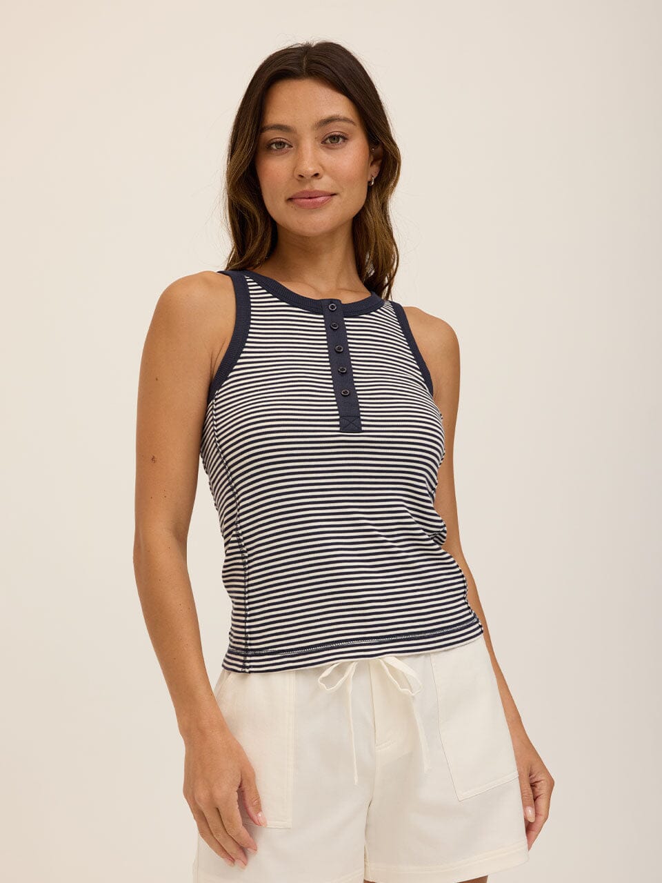 Alida Micro Stripe Feather Rib Henley Tank