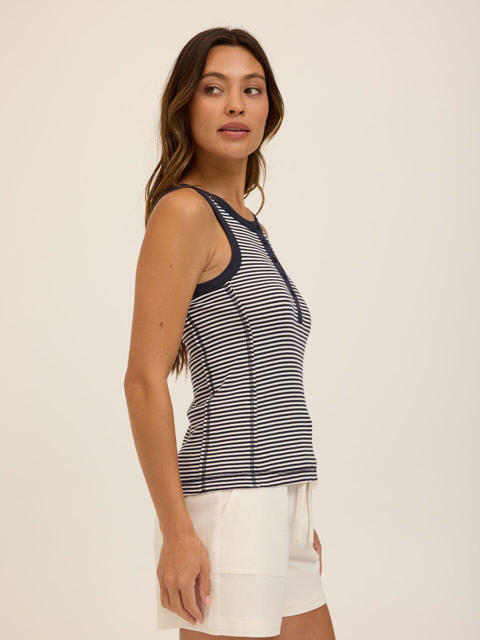 Alida Micro Stripe Feather Rib Henley Tank