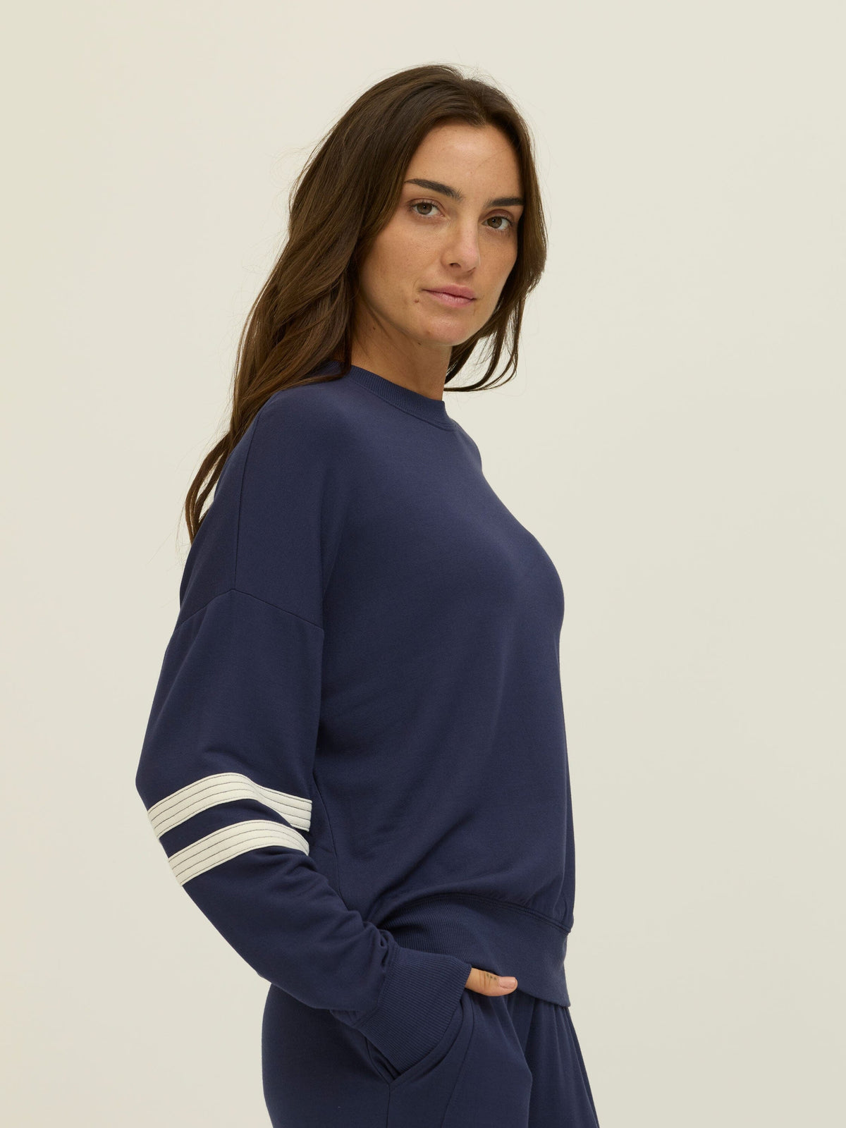 Darya Feather Fleece Colorblock Stripe Detail Pullover