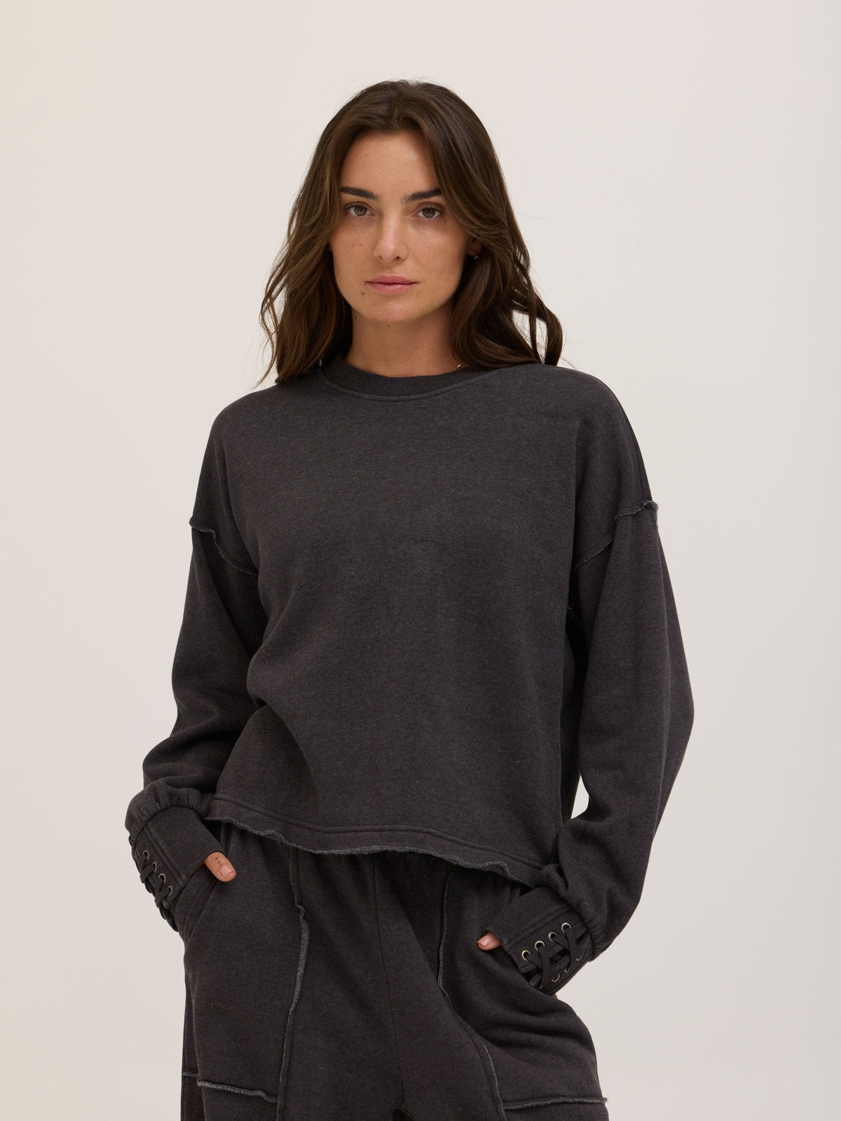Roxanna Mineral Wash Fleece Tie Cuff Sweatshirt