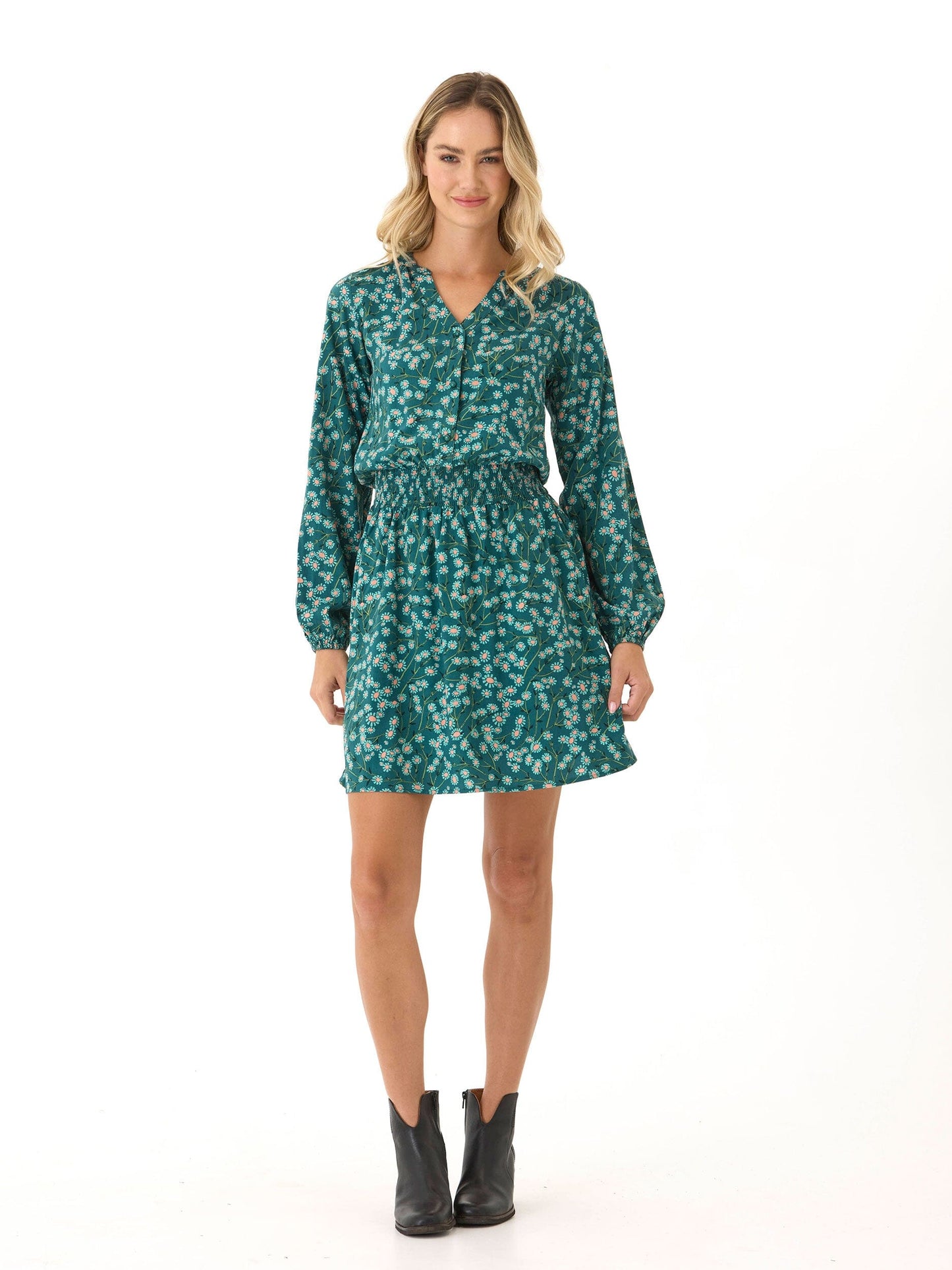 Piper Vintage Floral Print Button-Front Smocked Dress