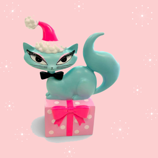 10" Teal Retro Christmas Kitty Figurine | Miss Fluff December Diamonds – SHIPS JULY
