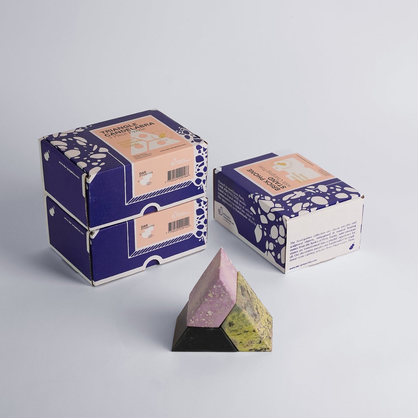 Triangle Gemstone puzzle  / 3piece candelabra Serpentine, Soapstone, Jasper