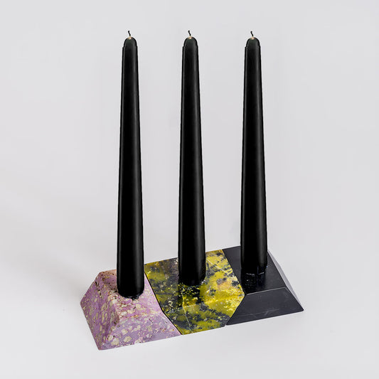 Triangle Gemstone puzzle  / 3piece candelabra Black onyx, Serpentine, Lila Fosfosiderita