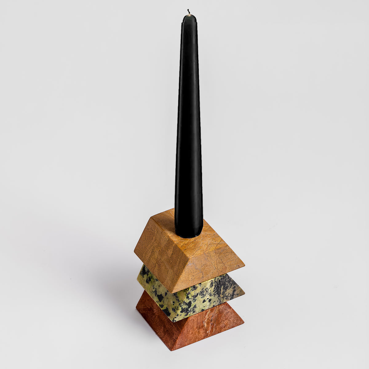 Triangle Gemstone puzzle  / 3piece candelabra Black onyx, Serpentine, Lila Fosfosiderita
