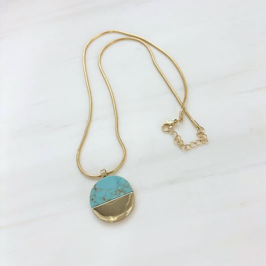 Turquoise Disc Necklace 20" Chain with 1" Stone Pendant | Minimalist Half-Metal Jewelry
