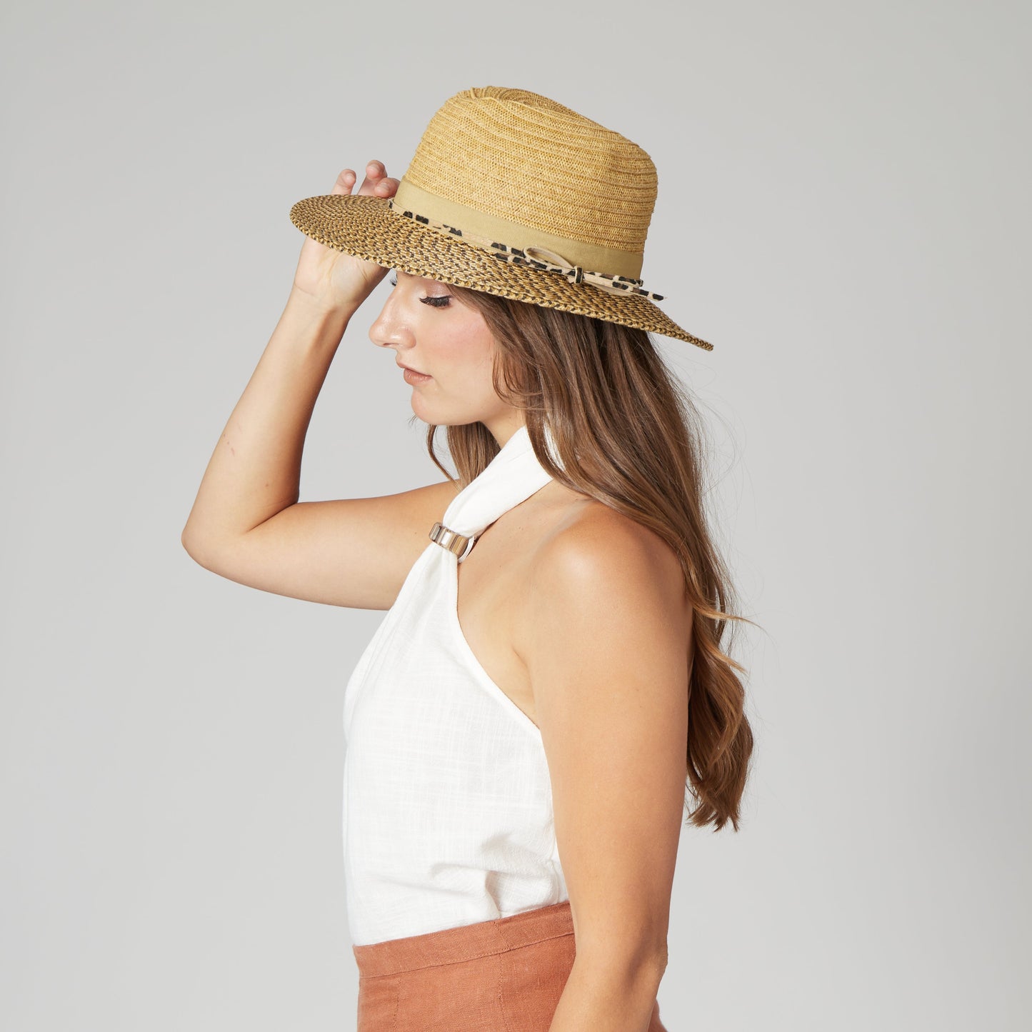 Women's Colorblock Fedora With Band & Faux Leather Bow Band