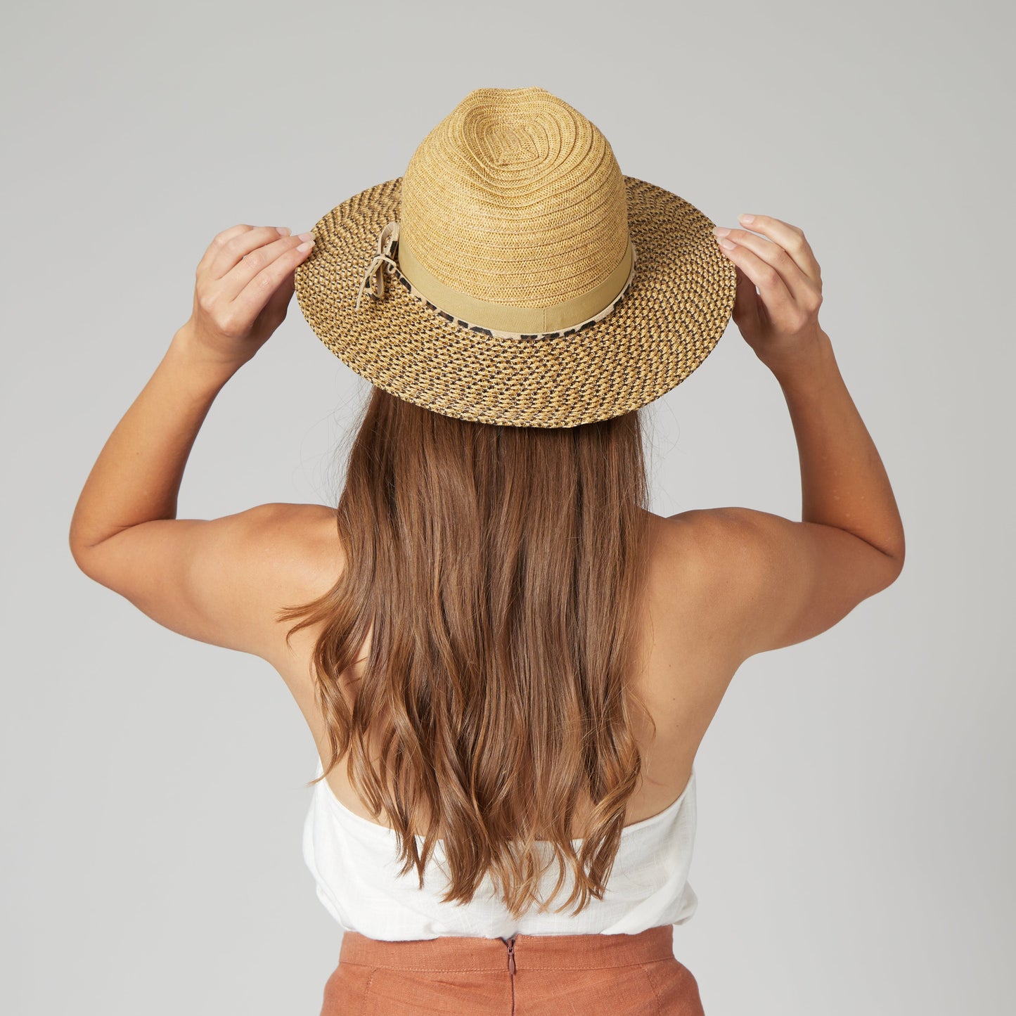 Women's Colorblock Fedora With Band & Faux Leather Bow Band