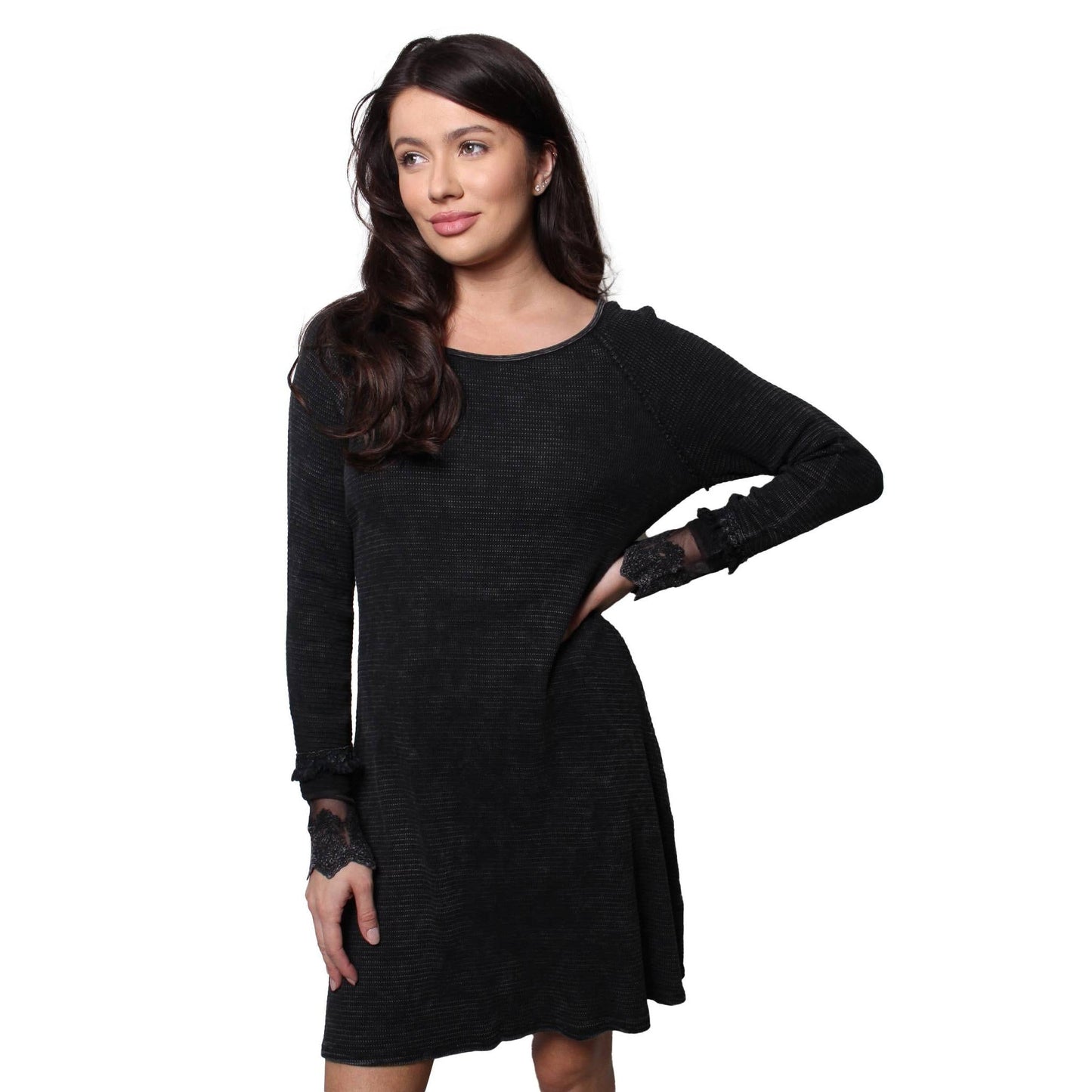 Ultimate '90s Princess Grunge Waffle Dress in Black with Lace Mesh Sleeve Detail | Y2K Mall Goth Long Sleeve Fall Winter Dress [SM-XL]