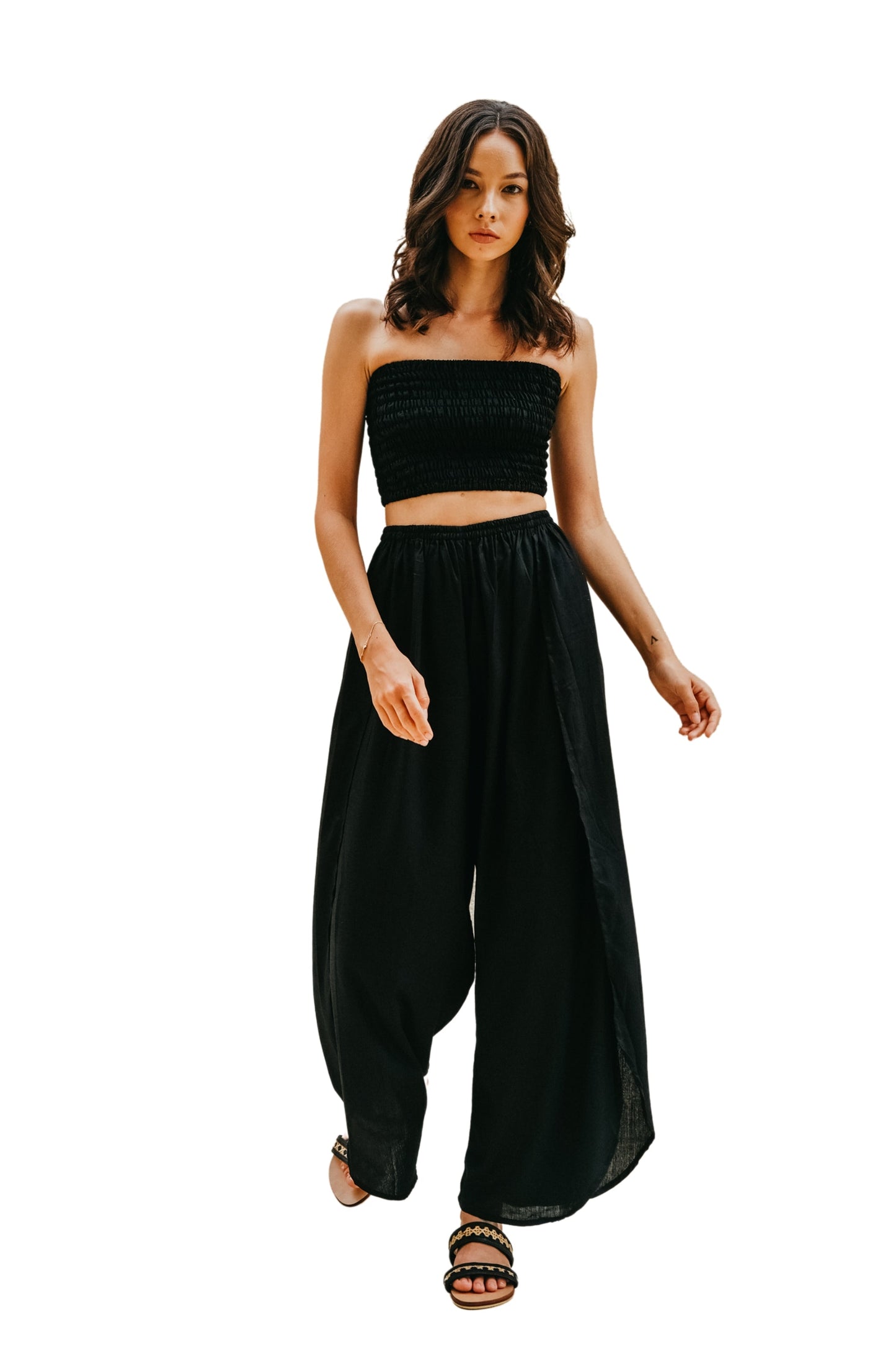 Judith Side Split Pants With Matching Tube Top Set in Black