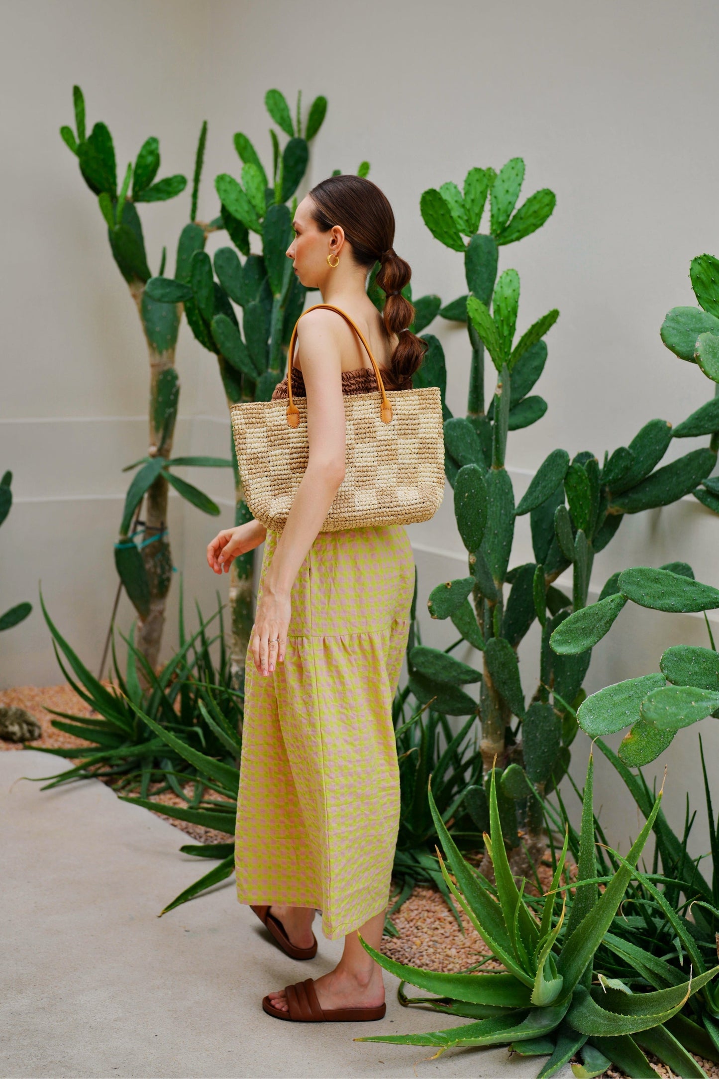 Lindsey Checker Raffia Tote