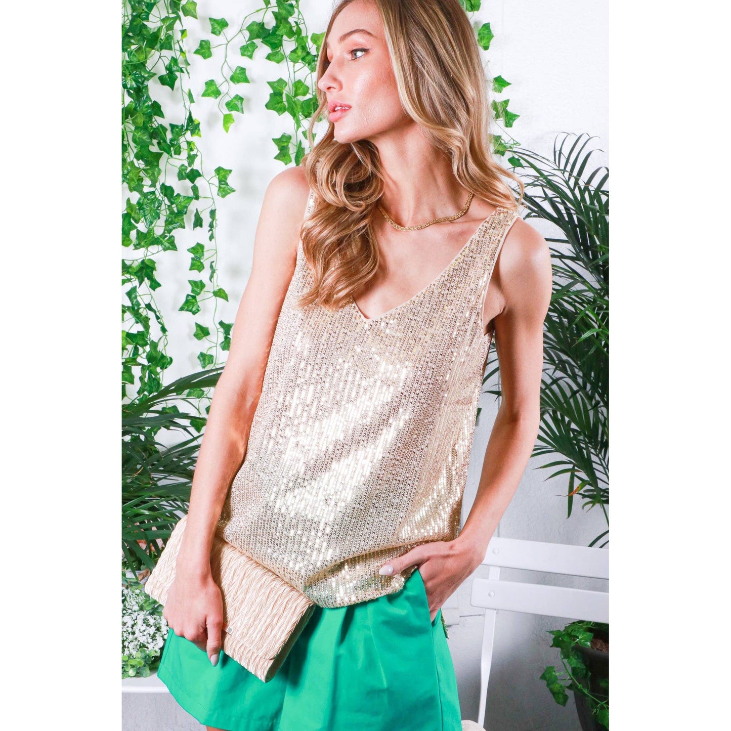V-Neck Cut Back Sleeveless Sequin Tank Top  [Available in Sizes SM-L]