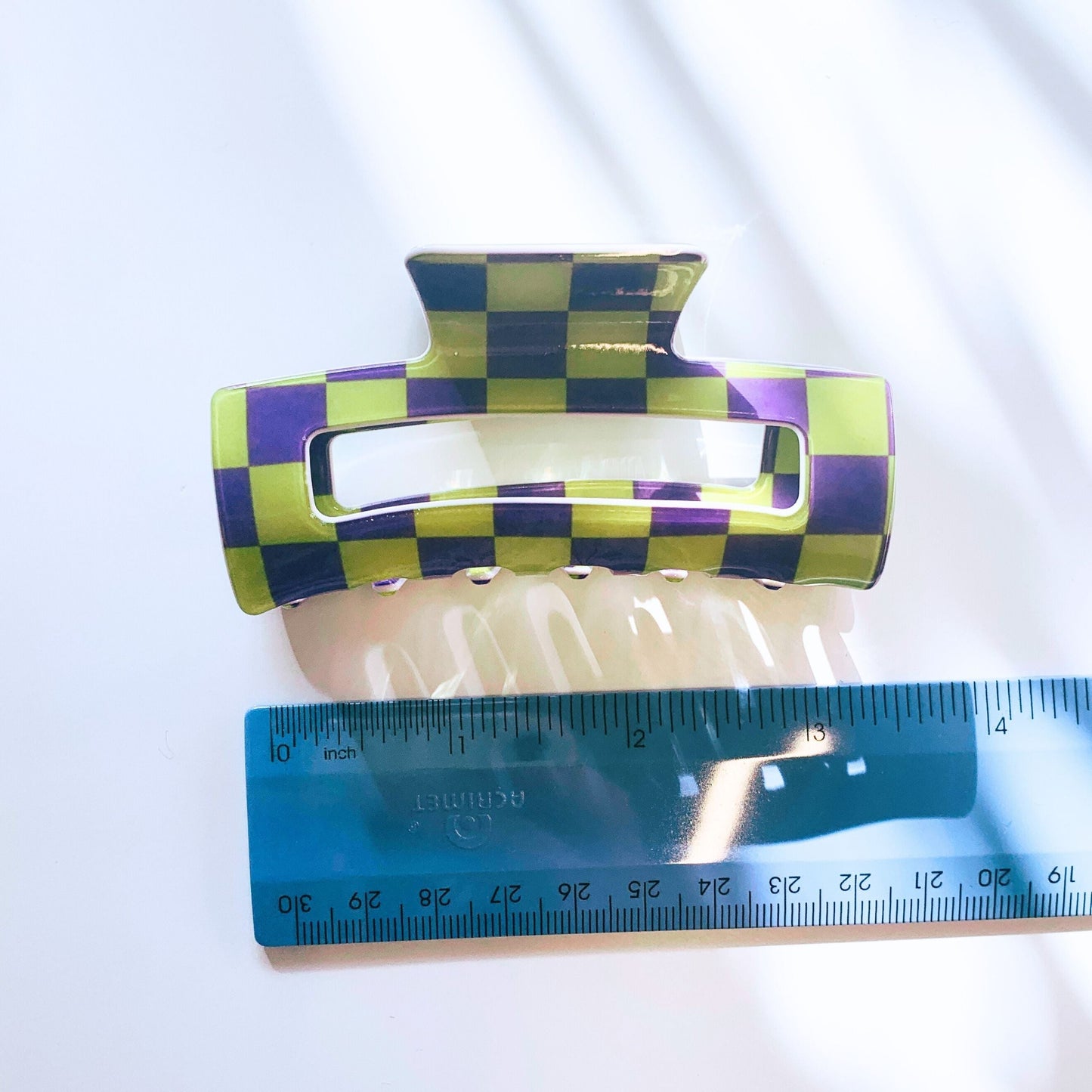 Velvet Claws Checkered Hair Claw in Yellow and Purple | Claw Clip in Velvet Travel Bag