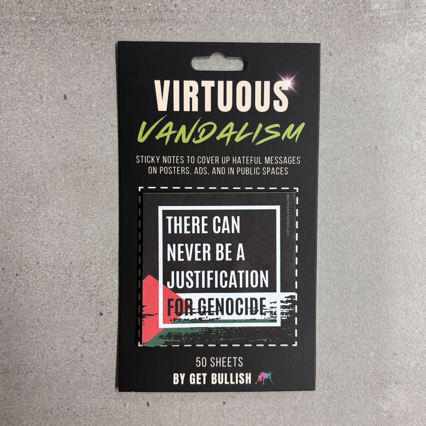 Virtuous Vandalism “There Can Never Be a Justification for Genocide” Sticky Notes 3" x 3" Pack of 50 | Combat and Cover Offensive Public Messages with Adhesive Protest Notes