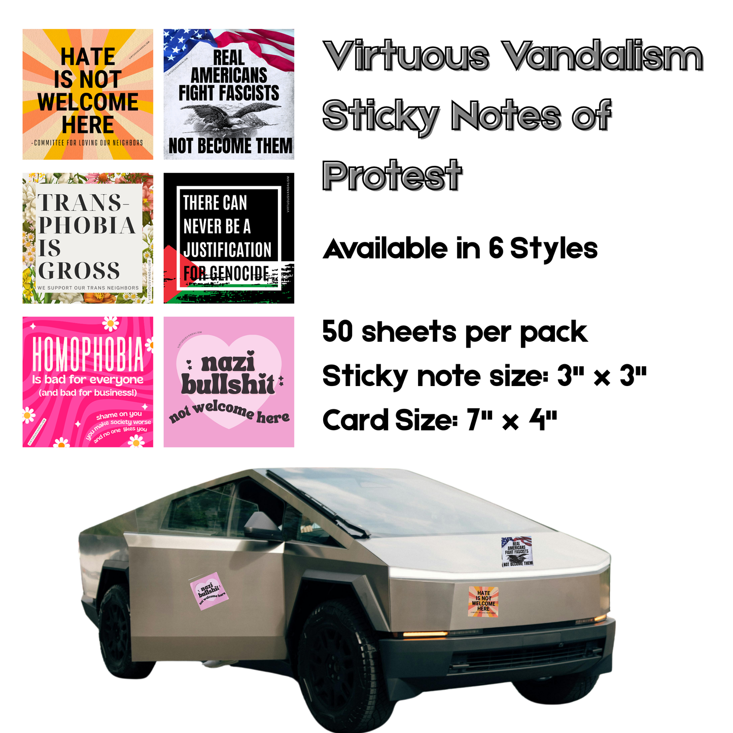 Virtuous Vandalism “There Can Never Be a Justification for Genocide” Sticky Notes 3" x 3" Pack of 50 | Combat and Cover Offensive Public Messages with Adhesive Protest Notes