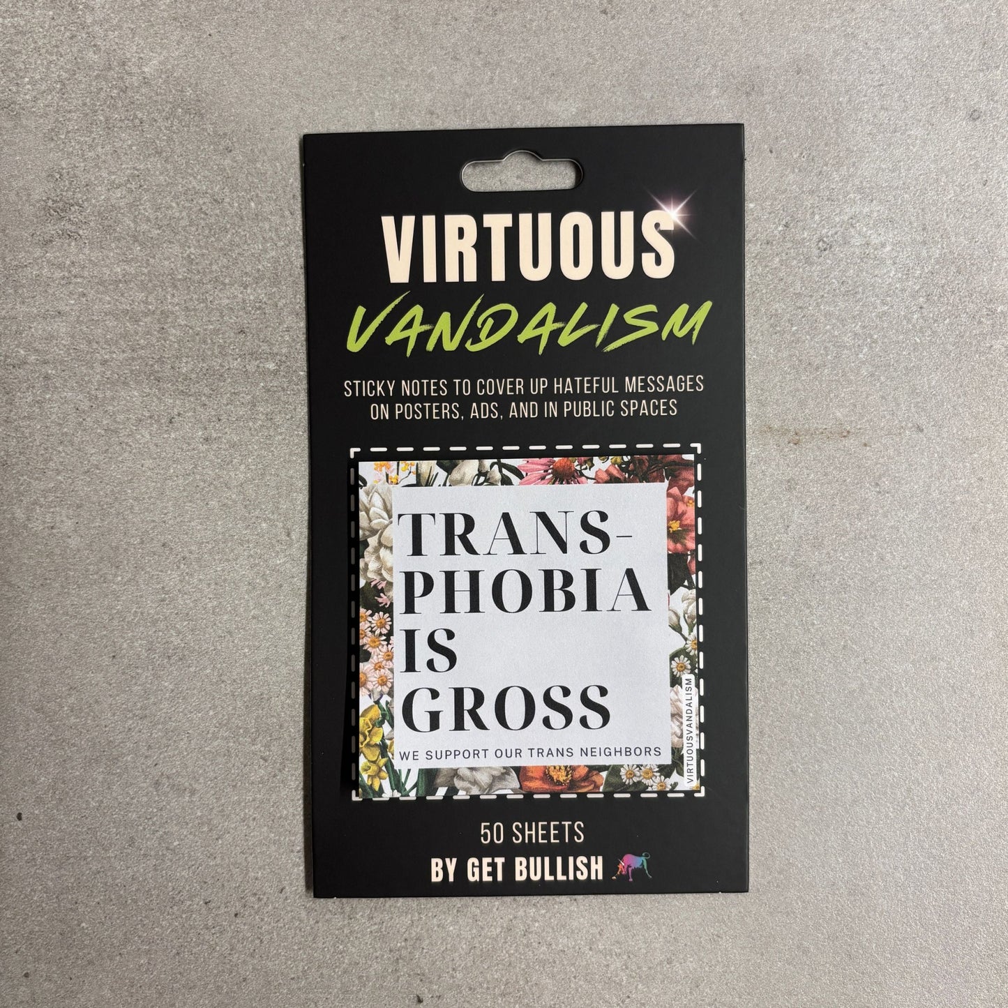 Virtuous Vandalism “Transphobia is Gross” Sticky Notes 3" x 3" Pack of 50 | Combat and Cover Offensive Public Messages with Adhesive Protest Notes
