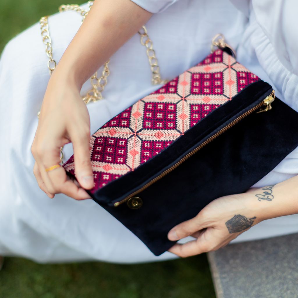 Pre- Order Velvet Tatreez Crossbody - Berry