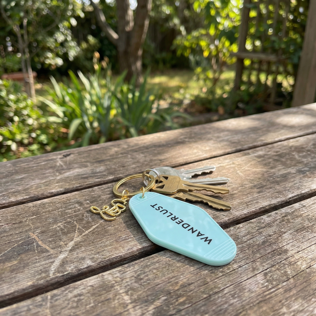 Wanderlust Motel Style Keychain in Green with Gold Hardware