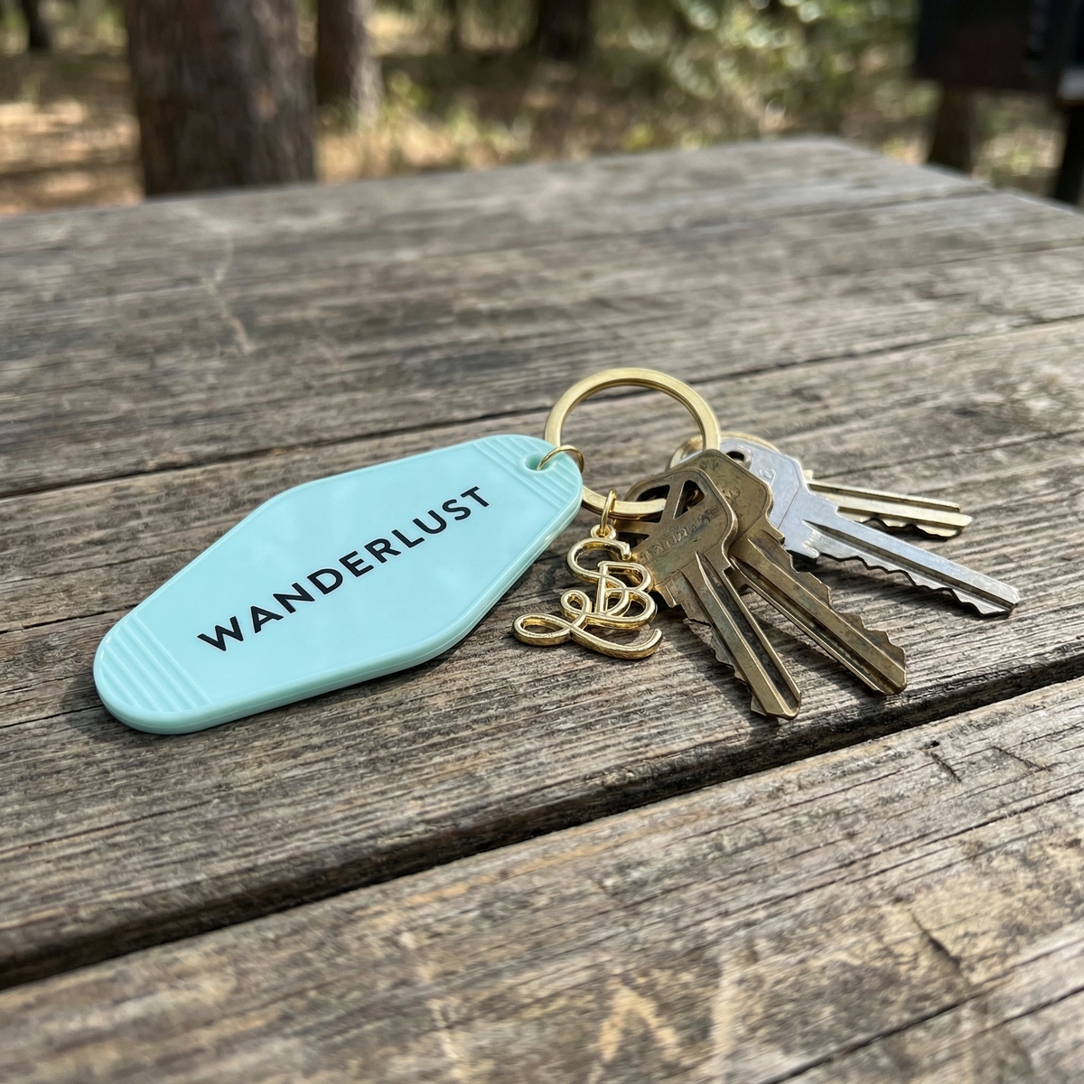 Wanderlust Motel Style Keychain in Green with Gold Hardware