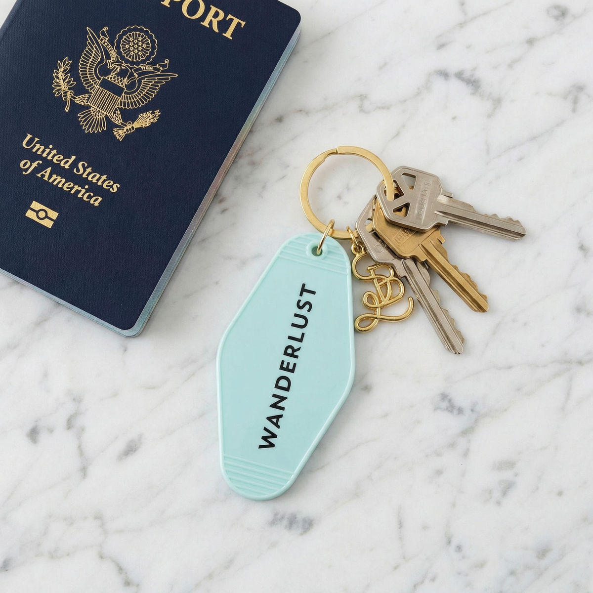 Wanderlust Motel Style Keychain in Green with Gold Hardware