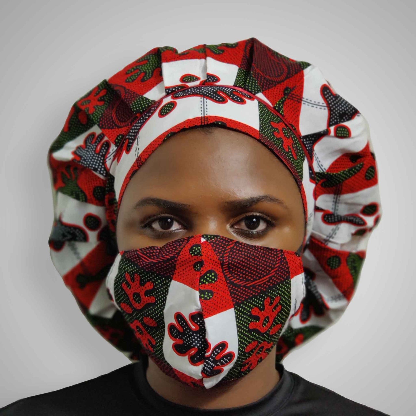 Kente Bonnet & Face Mask (Aqua Blue & Red)