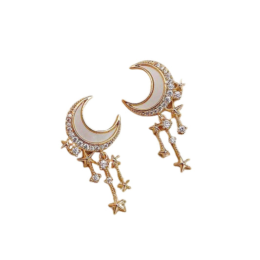 Witchy Moon Earrings | Gold Ivory Crescent and Star Drop Earrings
