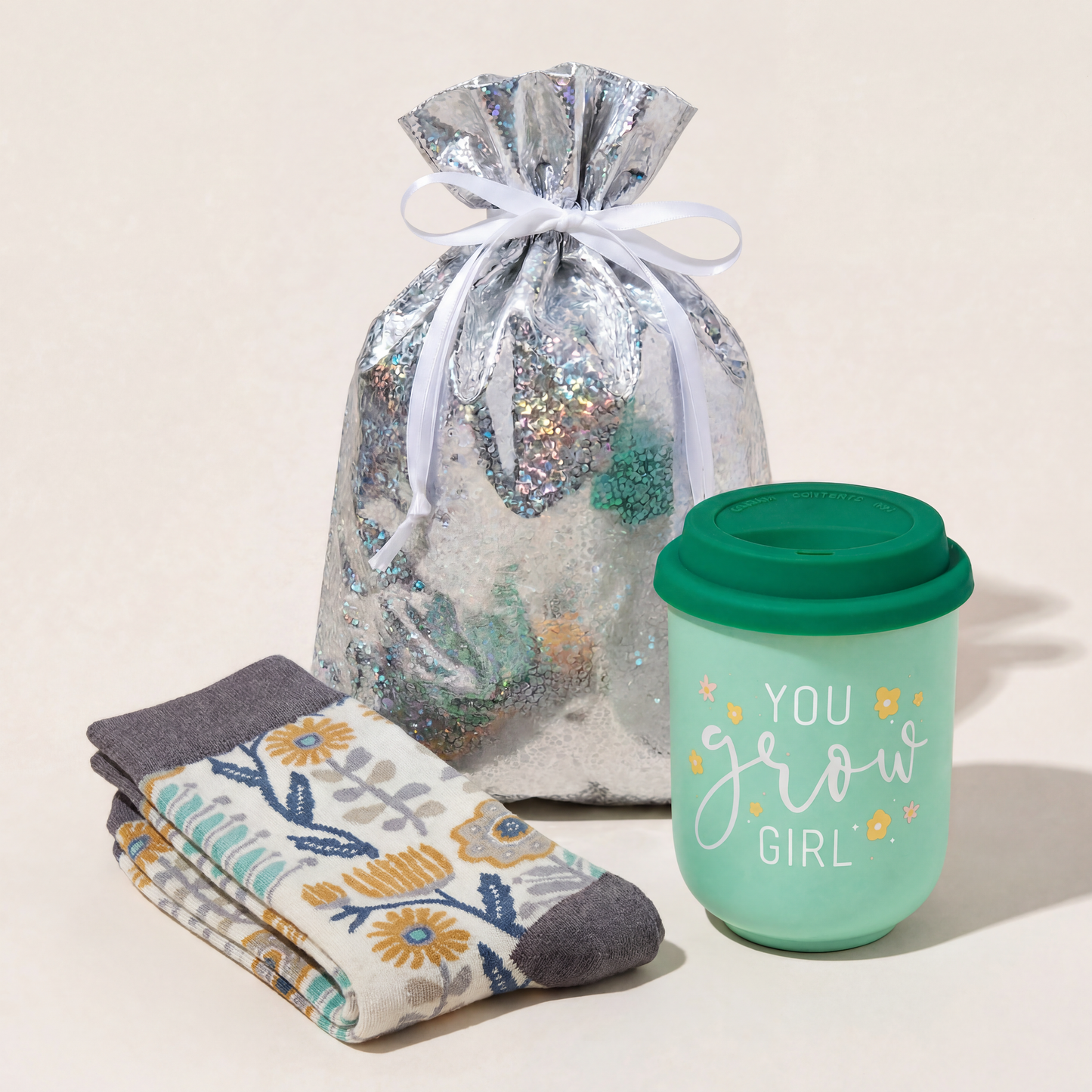 You Grow Girl Gift Set | Travel Mug & Folk Art Floral Socks in Gift Bag | Ready to Gift!