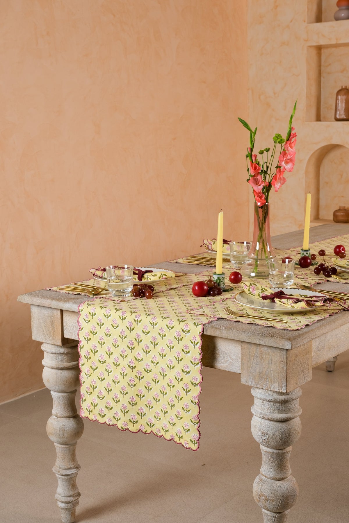 Mona Scallop Embroidered Blockprint Table Runner in Butter Yellow