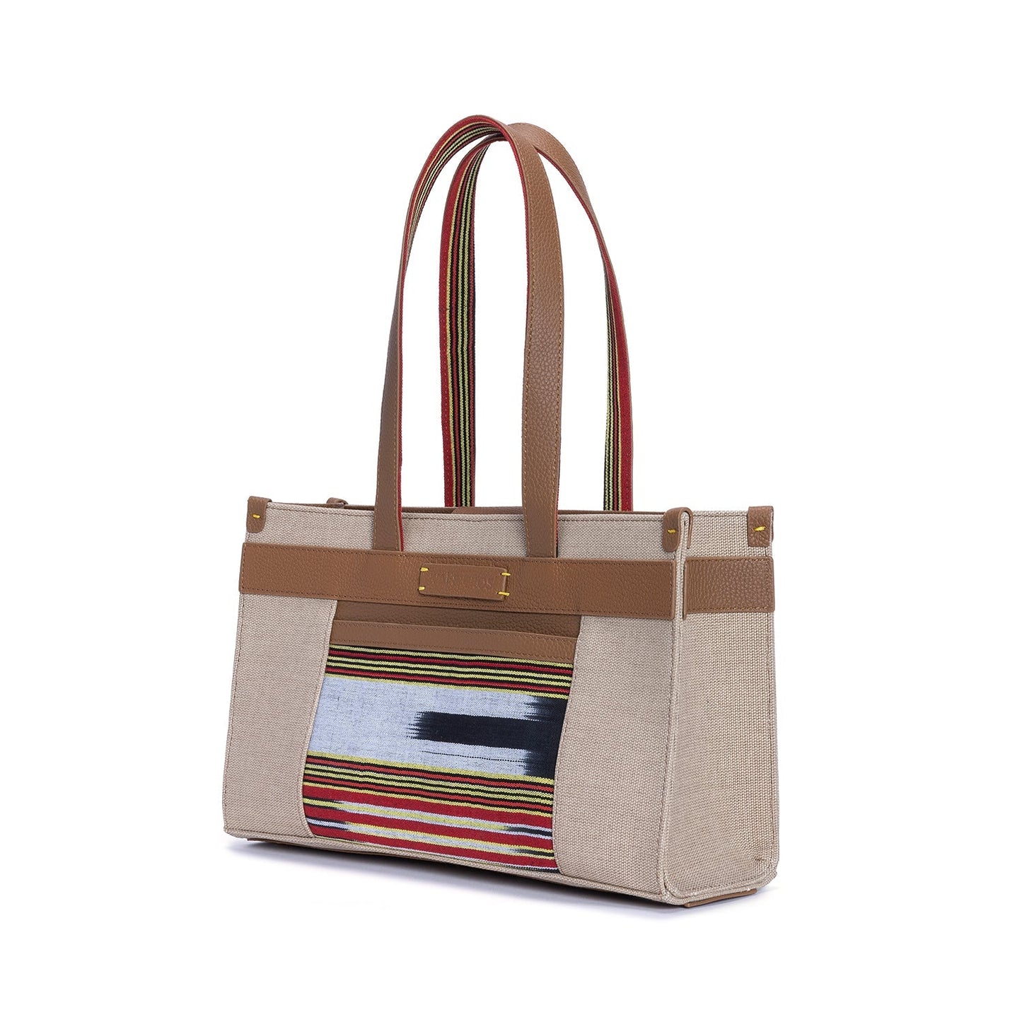 Midi Tobacco Leather & Canvas Tote Bag with Pockets
