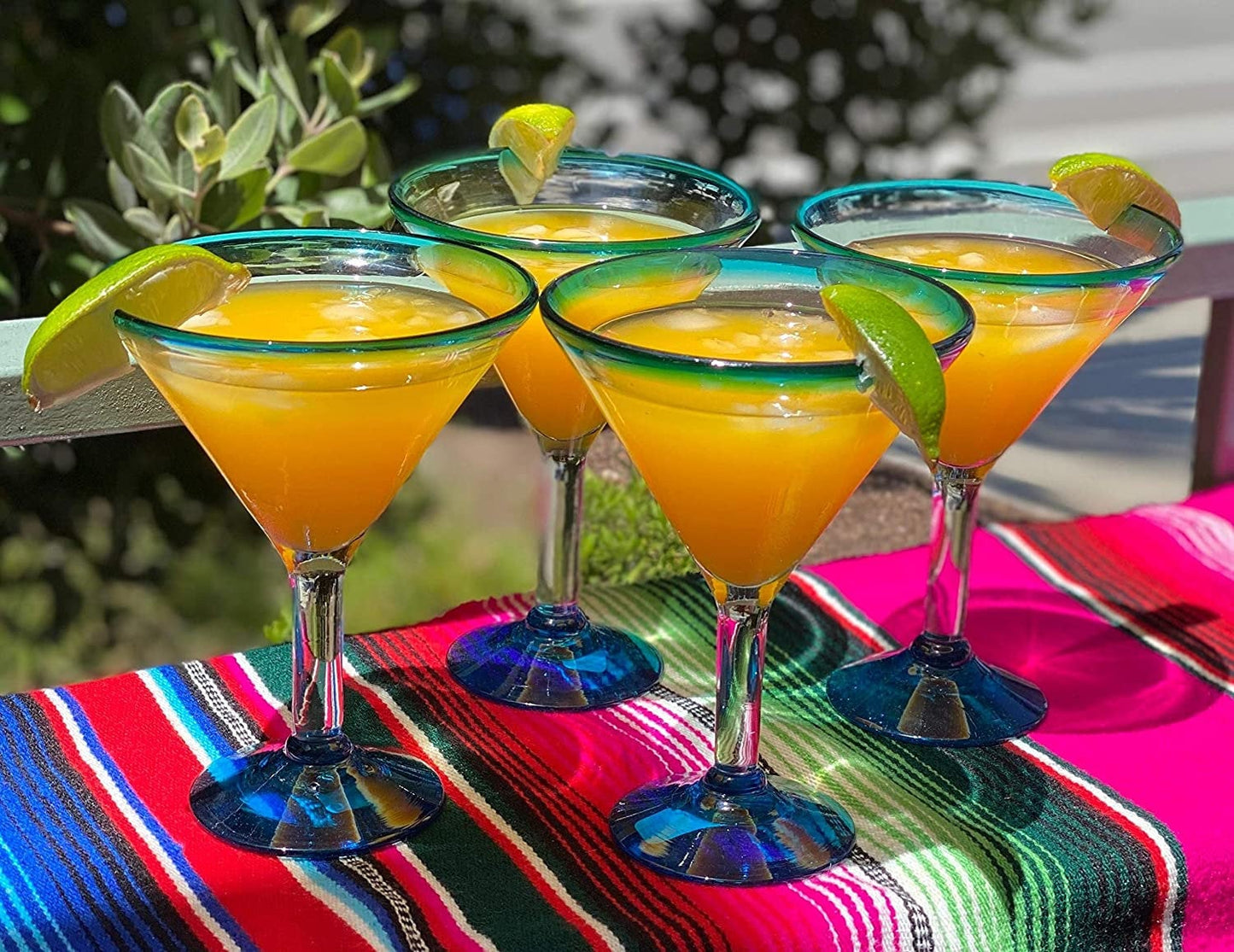Aqua Rim Modern Margarita Glasses - Martini Style - Set of 4