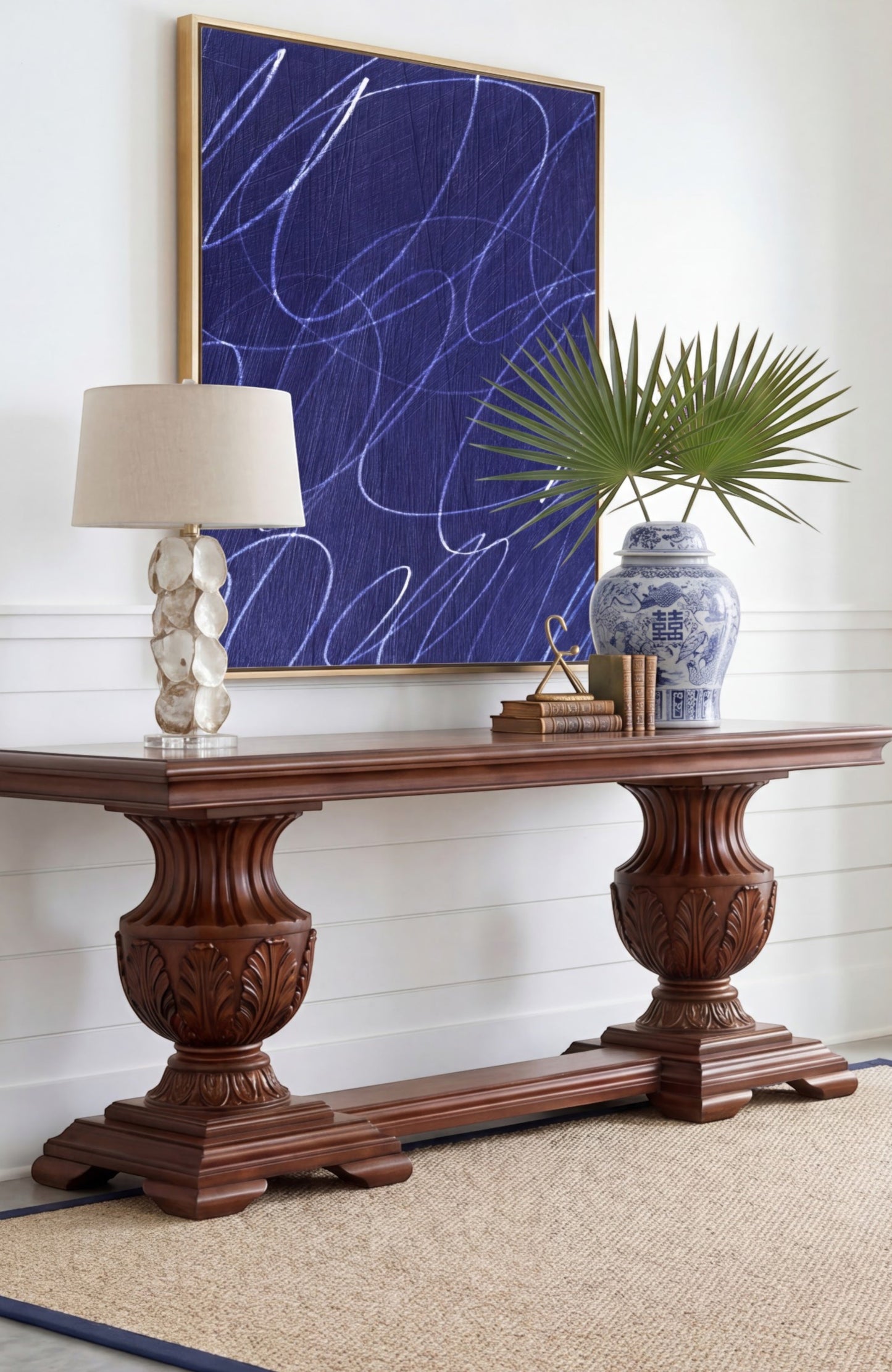 Gestural Marks in Deep Ocean Framed Wall Art