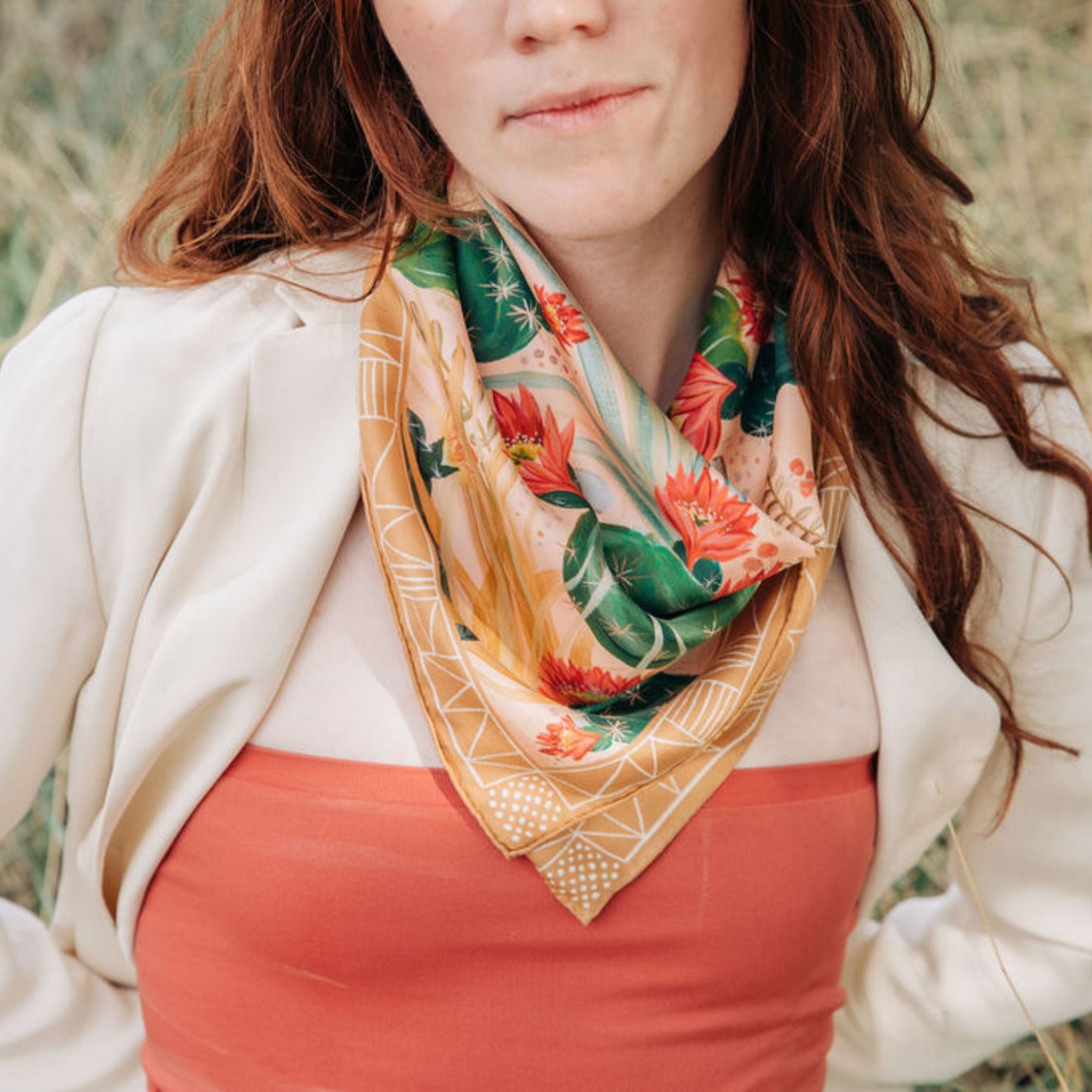 100% Silk Scarf: Cactus Garden - Desert Botanical Pattern