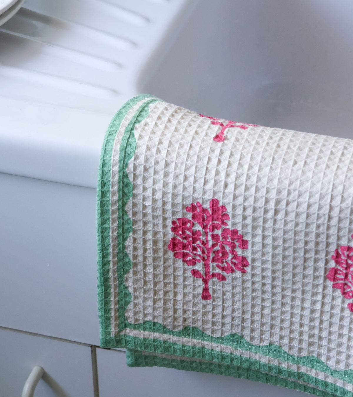 Sara - Cotton Waffle Kitchen Towel - Pink & Pastel Green